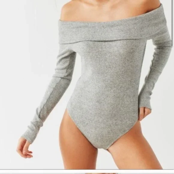 Out From Under Gray Ribbed Knit Long Sleeve Off the Shoulder Bodysuit - Picture 1 of 7